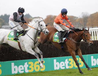 Cheltenham graduates GENTLEMANSGAME and BRAVEMANSGAME finish first and second in the Grade 2 Charlie Hall Chase